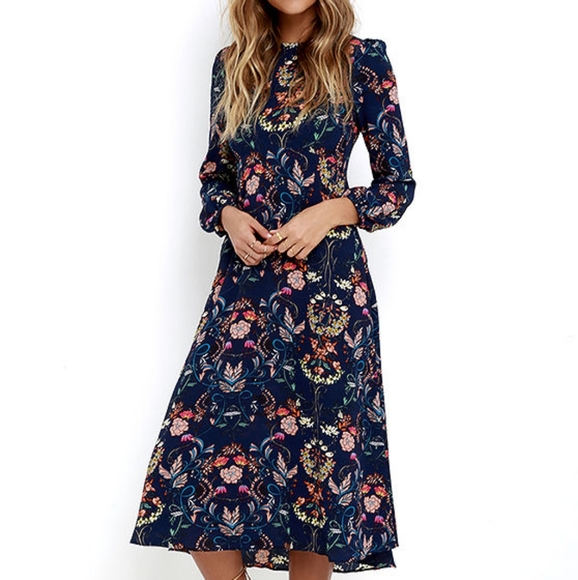 Long Sleeve Navy Floral Midi Dress by I.Madeline - Picture 1 of 5